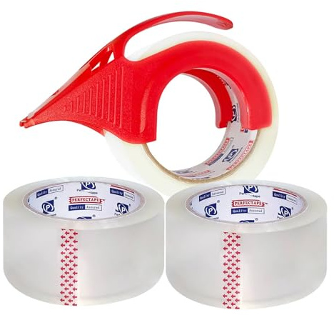 PERFECTAPE Heavy Duty Packing Tape with Dispenser, 3 Rolls, 1.88 x 60Y | Total 180 Yards, Clear, 2.8 mil, Ultra Strong, Refill for Packaging and Shipping