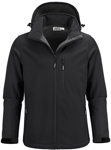 Outdoor Ventures Veste softshell imperméable et respirante pour homme - Coupe-vent - Veste fonctionnelle avec capuche amovible, Noir , M