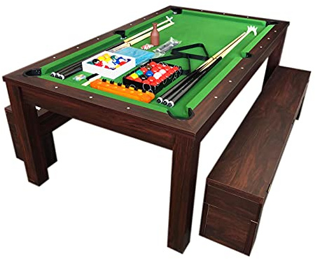 Table de Billard Convertible en Table a Manger – 7 Pieds Rich Green avec Bancs Conteneurs