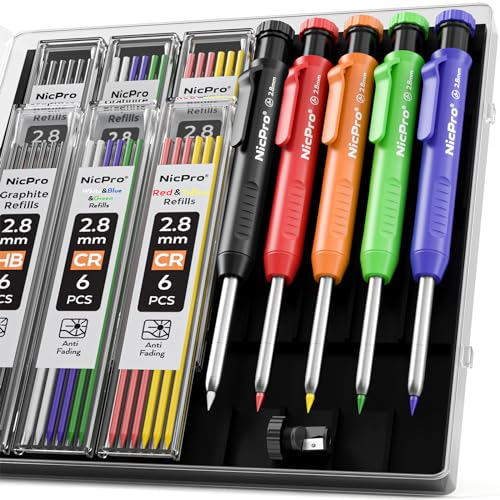 Nicpro 5 Pièces Crayons Chantier avec Taille Crayon, Porte Mines avec 41 Recharges en 6 Couleurs, Marqueur Trous Profonds Crayon Charpentier pour le Travail du Bois, Architectes, avec étui