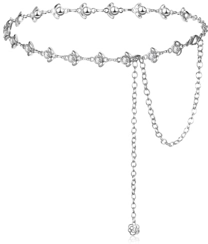 Bencailor Chain Belt for Women Long Waist Belts for Dress, Crystal Waist Rhinestone Wide Woman Belt for Belly Body Costume Jewelry(53 Inch,Silver)