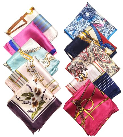 10PCS Womens Mixed Designs Small Silk Square Scarves Fashion Printed Satin Scarf Handkerchiefs Neck Head Scarf Scarves for Ladies Girls Accessories (50 x 50 cm Random)