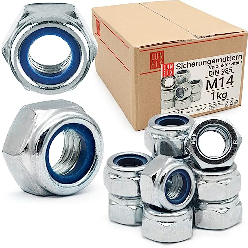 Écrous autobloquants M14 (1 kg) DIN 985, écrous hexagonaux en acier zingué, écrou frein de blocage avec bague nylon, écrou autobloquant pour vis, boulons et tiges filetées