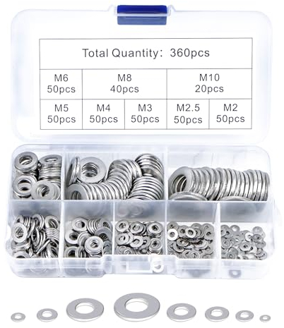 ZYDYRX 360 Pcs Rondelles Plates Argentées Rondelles Plates Vis à Métaux Jeu Rondelles Plates Rondes 8 Tailles M2 M2.5 M3 M4 M5 M6 M8 M10 Jeu Rondelles Acier Inoxydable Avec Boîte D'assortiment