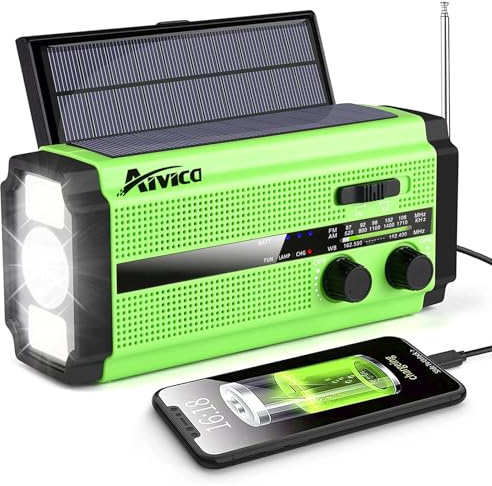 AIVICA Radio a manovella di emergenza da 5000 mAh/18500 mWh con 2 pannelli solari, radio AM FM NOAA portatile, batteria ricaricabile, caricatore USB, SOS, torcia elettrica, lampada da lettura per casa