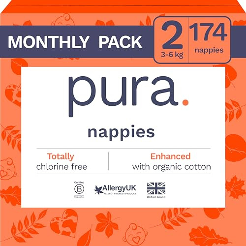 Pura Couches Écologiques, Taille 2 (3-6kg), 6 x 25 Couches (150 Total), Couches pour Nouveaux-nés pour Peau Sensible, Coton Bio, Indicateur d'Humidité, Découpe pour le Cordon Ombilical