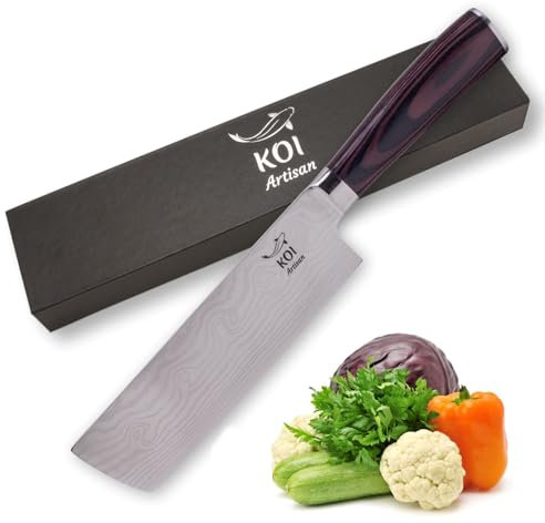 KOI ARTISAN Chef's Knife, Damascus Steel Blade, Wooden Handle