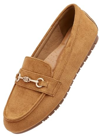 COOL COSER C Women's Wide Loafers Casual Slip on Flat Shoes Women's Comfort Penny Loafers with Arch Support Women Dressy Moccasins, Tan.suede, Wide