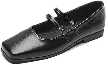 Las Mujeres del Dedo del pie Cuadrado Plana Mary Jane Zapatos deversátil Zapatos de Cuero Negro Commuter Trabajo de tacón bajo Fondo Suave cómodo Verano