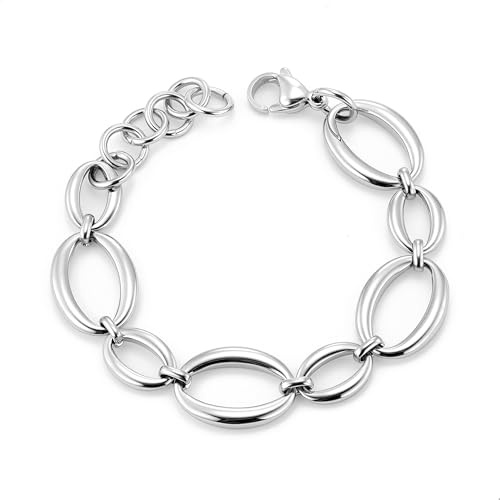 ALEXCRAFT Silver damarmband, justerbart damarmband med ovala länkar klassiska justerbara chunky armband hip hop coola armband smycken presenter för kvinnor och flickor