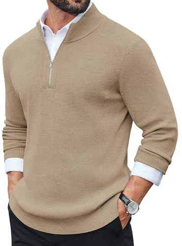COOFANDY Jersey Hombre de Tejido Fino Cuello Alto Media Cremallera Manga Larga Suéter para Invierno Jersey de Trabajo Caqui L