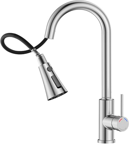 SREWOHS PRO Rubinetto da cucina Spring Arc Alto, 360° Rotante, 4 Modalità Spring Miscelatore Cucina, Acciaio Inox Spazzolato, Adatto per Lavelli a 1 Foro, Rubinetteria Commerciale (C -38.6CM)