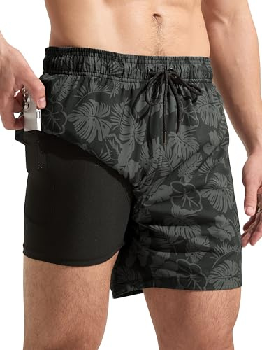Arcweg Mens Swimming Shorts with Compression Liner Swim Shorts Quick Dry 2 in 1 Swim Shorts Men with Zip Pockets Swimming Beach Surfing Black GreyLeaf L