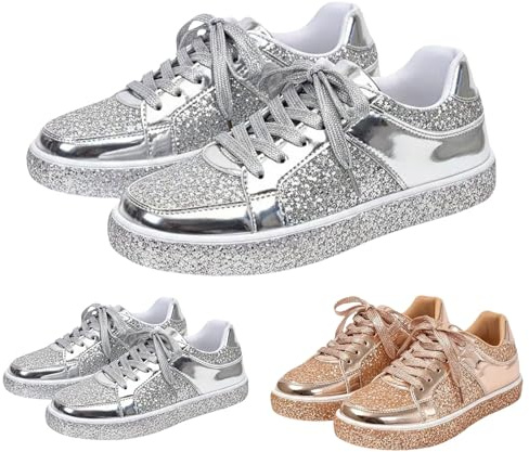 Paljettsneakers med snörning damer glitter sneakers med mjuk fotbädd bröllop och fester glitterskor partyskor sportskor utomhus fitness löpning slip-on löparskor