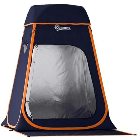 Outsunny Tenda Doccia da Campeggio Pop-Up, Impermeabile 2000mm e UPF30+ con Tetto Rimovibile, Finestre Avvolgibili, Tasche, Borsa da Trasporto, Spogliatoio Portatile per Spiaggia Campeggio, Blu Scuro