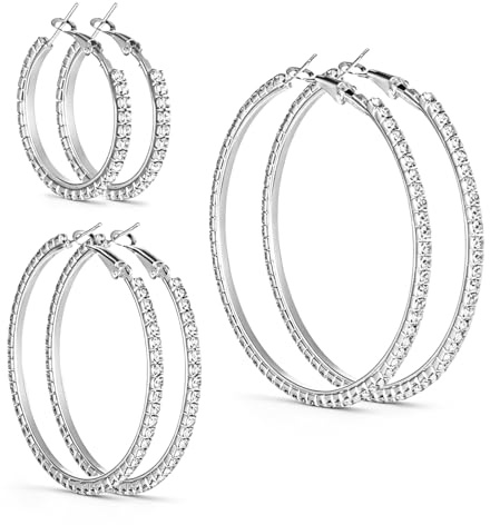 3 Pairs Sparkly Crystal Hoop Earrings for Women,3 Sizes(3/5/7 cm) | Large silver hoop earrings Ideal for wedding, party, prom, daily wear. Great gift for women