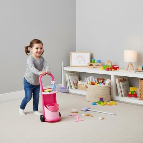 MagiDeal Housekeeping Playset Kit de Nettoyage Enfant Chariot Balai Serpillière Pelle Brosse Matériau Plastique Bords Arrondis Rangement sur Chariot Mobile