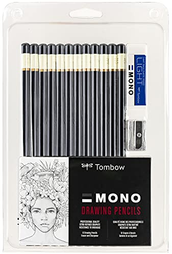 Tombow 51523 MONO Drawing Pencil Set, Assorted Degrees, 12-Pack. Professional Quality Graphite Pencil Set with Eraser and Sharpener