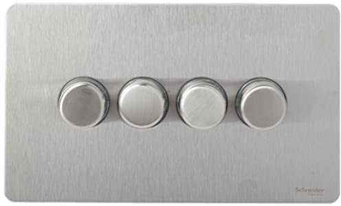 Schneider Electric Ultimate Screwless Flat Plate - 4 Gang Rotary Dimmer Light Switch, Main and Low Voltage, 250W/VA, GU6442CSS, Stainless Steel