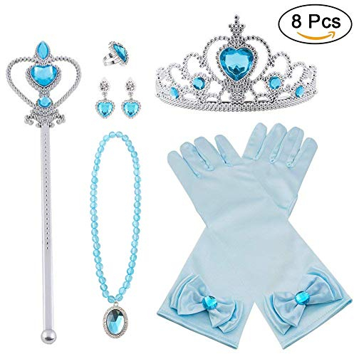 Vicloon Princesse Accessoires pour Costume d'elsa, 5 Pièces avec Tresse/Boucles d'oreilles/Gants/Diadème/Baguette Magique pour Cosplay Noël Fête Party d'anniversaire, Filles de 3 à 10 Ans-bleu clair