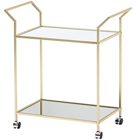 FineBuy Design Carrito de Servicio Dorado 73x78x37 cm Carrito de Cocina Vidrio/Metal | Mesa Auxiliar móvil | Coche Comedor con Tapa de Cristal | Carrito de té Mini Bar sobre 4 Ruedas