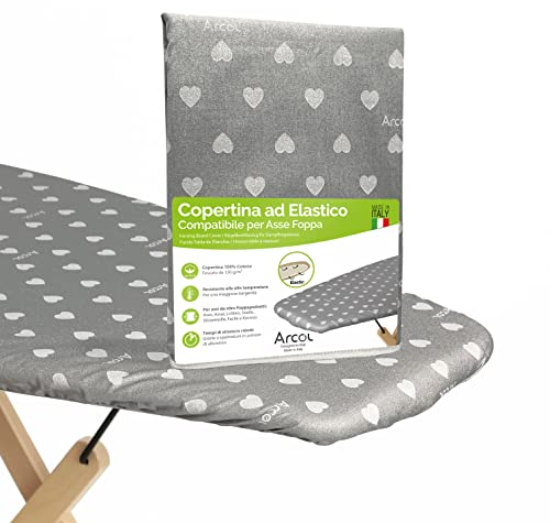 ARCOL Housse de table à repasser élastique compatible pour table à repasser Foppapedretti – Made in Italy – Housse de repassage 100 % coton – Drap planche à repasser (couverture, gris cœurs blancs)