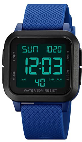 Forrader Montre numérique de sport pour homme, étanche, avec rétroéclairage LED, alarme, compte à rebours, double heure, chronomètre, 12/24 heures pour homme, femme, adolescent, noir/bleu, Sport