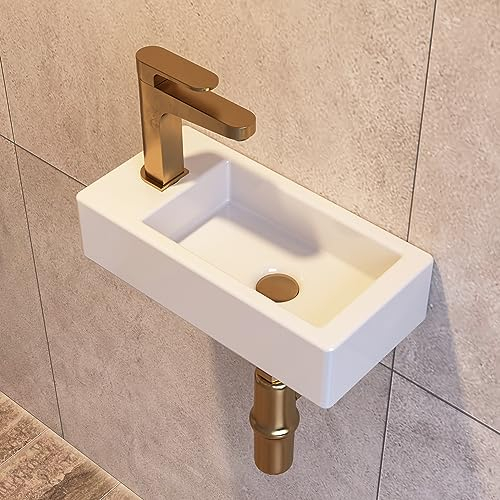 DeerValley DV-1V081L Badezimmerwaschbecken aus Keramik zur Wandmontage, Kleines Badezimmer, Weißes Rechteckiges Keramik Waschbecken Klein (linke Hand)