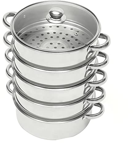 5 Lagiger Dampfgarer 26cm, Hochwertiger Edelstahl Couscoustopf Mit Glasdeckel Für alle Herdarten auch Induktion, 3-in-1-Verwendung(Couscoustopf/Dampfgarer/Kochtopf)