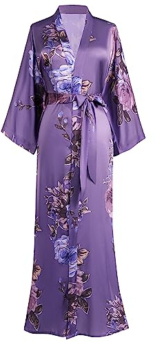 BABEYOND Vestaglia lunga da donna/ragazza in raso, kimono/accappatoio estivo con motivo floreale stampato, per pigiama party, Taglia unica
