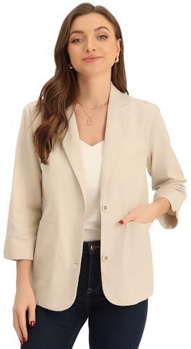 Allegra K Mujer Blazer de Lino con Cuello de Solapa con Muescas y Manga 3/4 Beige S