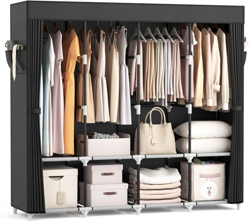 VTRIN Portable Closet for Hanging Clothes 67 Inch Wide Large Capacity Portable Wardrobe Closet with Cover, 4 Storage Shelves and 4 Hanging Rod Sturdy Free Standing Closet for Bedroom, Black