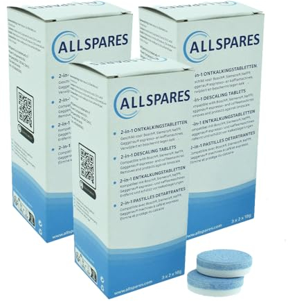 AllSpares Pastillas descalcificadoras 2 en 1 (18 x 18 g) para cafeteras Bosch 311821/311975 / TCZ8002 / y Siemens Neff Gaggenau 00311975 / TZ80002