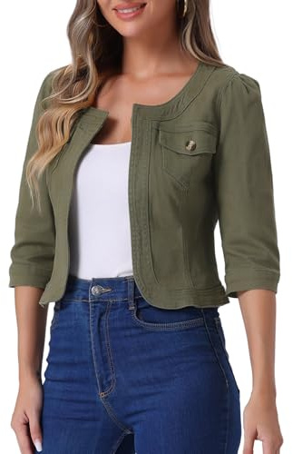 Allegra K Chaqueta Cortas Mezclilla para Mujer sin Cuello de Manga 3/4 Cárdigan Vaquero Frente Abierto | Manga 3/4, cuello redondo, bolsillos de parche, longitud corta, frente abierto, chaqueta de mezclilla casual