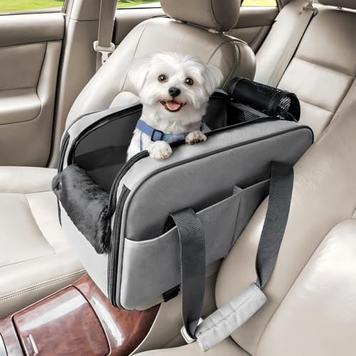 PETSFIT Seggiolino auto per cani, multiuso, portatile, per cani di piccola taglia, trasportino per animali domestici, approvato dalle compagnie aeree, con laccio di sicurezza e tasche (grigio chiaro)