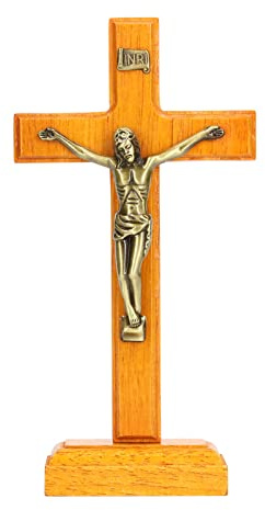 Krucifix Träkors Trä Handgjord Stående Katolik Jesus Krucifix Väggkors Religiös Bön Display Dekoration Med Base
