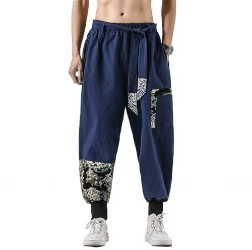 Seidarise Pantaloni da uomo Harem hip hop joggers larghi a gamba larga pantaloni casual Harem lino giapponese yoga, A-navy, L