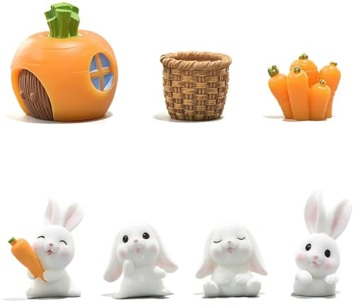 KUMSODE 7 Pezzi Mini Ornamento Coniglio Miniature Pasqua Coniglietto Figurine Cake Topper per Pasqua Fiabesco Micro Ornamento Paesaggio per Feste di Compleanno Statuette Cupcake Decorazioni