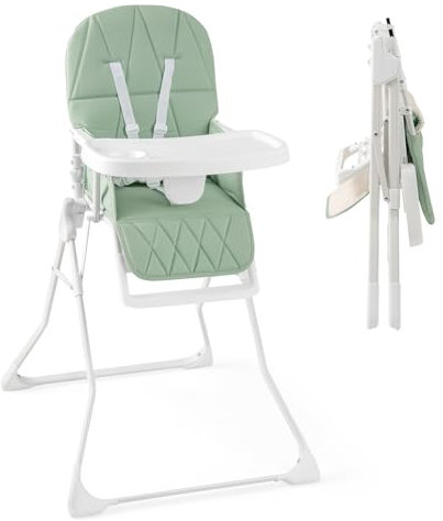 GYMAX High Chairs for Babies and Toddlers, Compact Foldable Highchairs with 3-Position Adjustable Tray & Footrest, Removable Seat Cushion, 5-Point Safety Harness, Portable Baby Feeding Chair (Green)