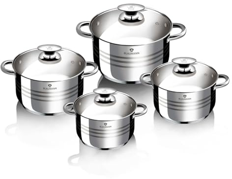 BLAUMANN For Your Home 8-Piece Blaumann Stainless Steel Casserole Cookware Set - Premium Non-Stick Stockpot Pans with Glass Lids, Induction, Gas & Electric Hob Compatible, 5-Layer Base