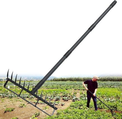 Stirrup Hoe with 76.8 Adjustable Long Handle Weed Puller Heavy Duty Garden Hoe with 12 Tines Rake 2-in-1 Gardening Tool for Loosening Soil, Gathering Leaves, Weeding