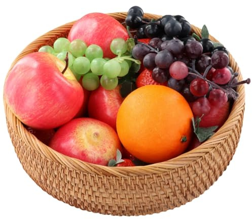 yeeplant Cesta de ratán tejida a mano, soporte redondo de almacenamiento, bandeja de mimbre para frutas, pan, aperitivos, cuenco para servir