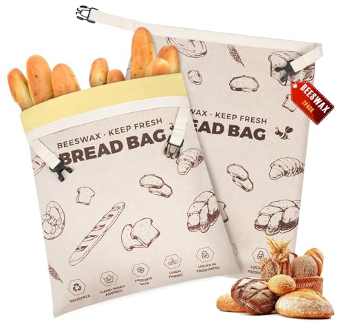 YARRAMATE Bolsas para Pan de Cera de Abejas, Reutilizables de Lino sin Cremallera, Mantienen Barra Fresca, Grandes Contenedores Seguros Congelador Ecológicos (43x33 cm, 2 Unidades)