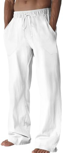 Runcati Mens Casual Pants Linen Drawstring Elastic Waist Loose Fit Straight Leg Pants Summer Beach Vacation Yoga Trousers White