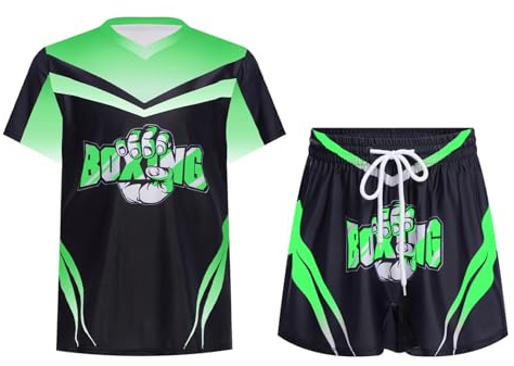 RUNQHUI Boxningsshorts med T-shirt barn pojke flicka outfit set Muay Thai MMA kickboxning grön 11–12 år