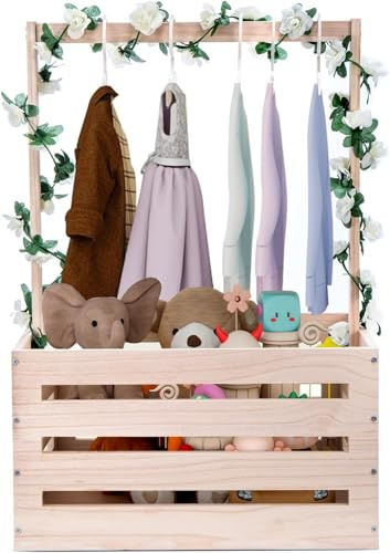 FERNVALE 17*12*9.4in Wooden Baby Shower Crate Basket with Clothes Rail and Hangers Baby Hamper Basket for Newborn Baby Girl Boy Baby Shower Storage Box Nursery Decoration (Beige)