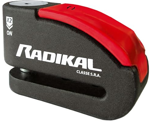 RADIKAL RK15 Bremsscheibenschloss Premium mit Alarm | Aktivierung nach Wahl, 120 dB, LED Warnung Voralarm | Motorrad Schloss SRA-zertifiziert, aus zementiertem Stahl, Doppelverriegelung Ø14, Rot