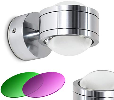 LED-vägglampa Indore, vägglampa av metall och glas i aluminium, väggspot med färgat flitter i magenta och grönt, 2 x 3 Watt, 300 Lumen vardera (600 Lumen totalt), 3000 K