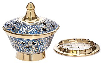 NKlaus 2750 Encensoir Laiton Peint avec Grille, Bleu h7,5cm, d8 cm, 200gr