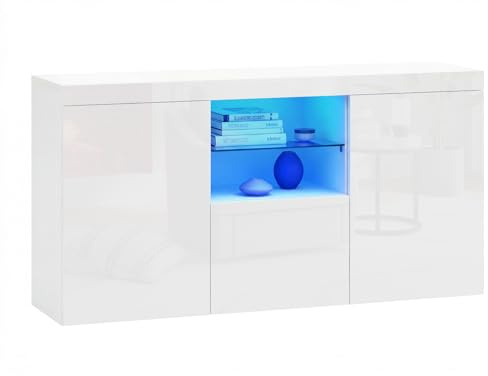 Panana High Gloss 3 Door Sideboard Cupboard with LED Lights Display Cabinet Storage Unit for Living Dining Room Bedroom Furniture (White)